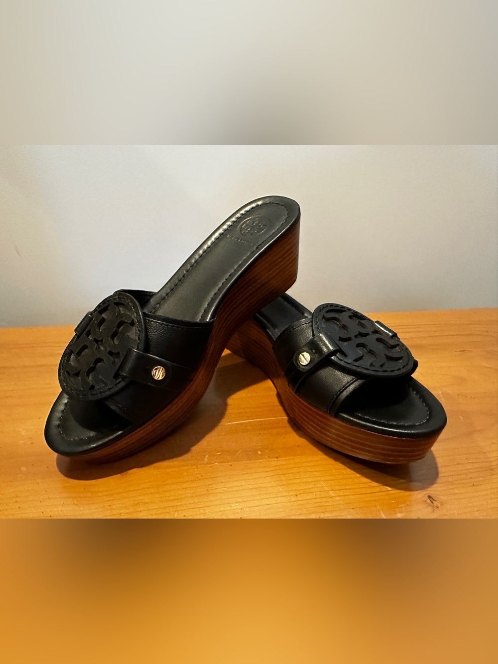 Tory Burch Black Logo Slip-On Wedge Sandals